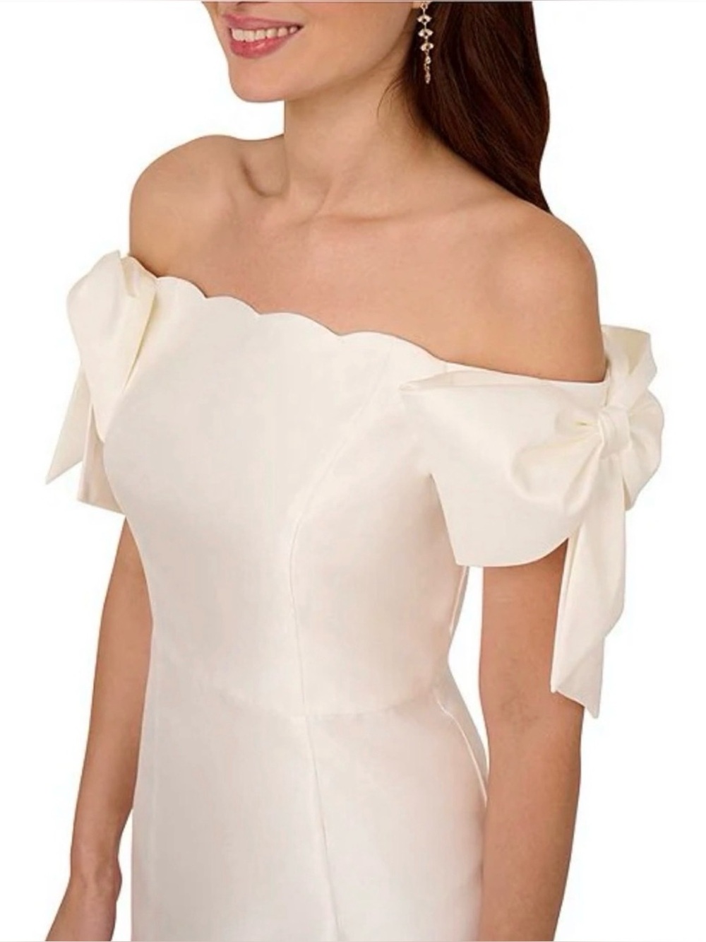 Adrianna Papell Ivory Off-Shoulder Scallop Dress with Bow Sleeves size 16
